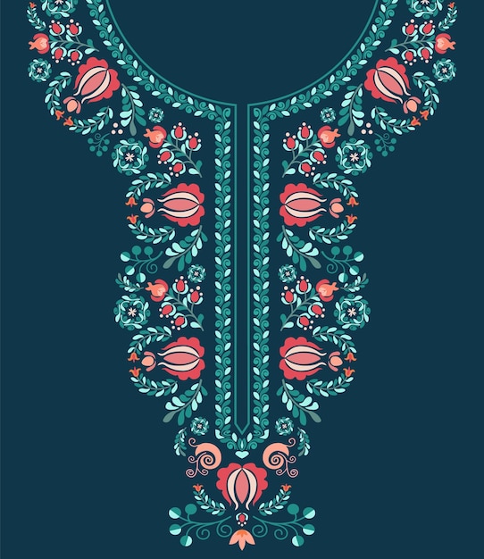 Vector colorido estampado floral de arte popular húngaro en diseño de escote bordado para vestido caftán