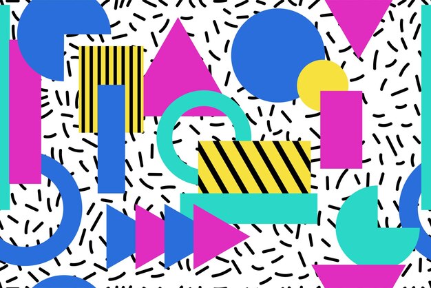 Colorido estilo memphis fondo nostálgico o retro 80s 90s vector de papel tapiz de patrones sin fisuras