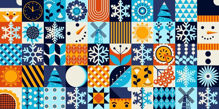 Colorido fondo geométrico abstracto de invierno Gran conjunto Feliz Navidad y Feliz Año Nuevo Hombre de Nieve