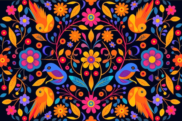 Vector colorido fondo mexicano con flores y pájaros diseño plano ilustración vectorial