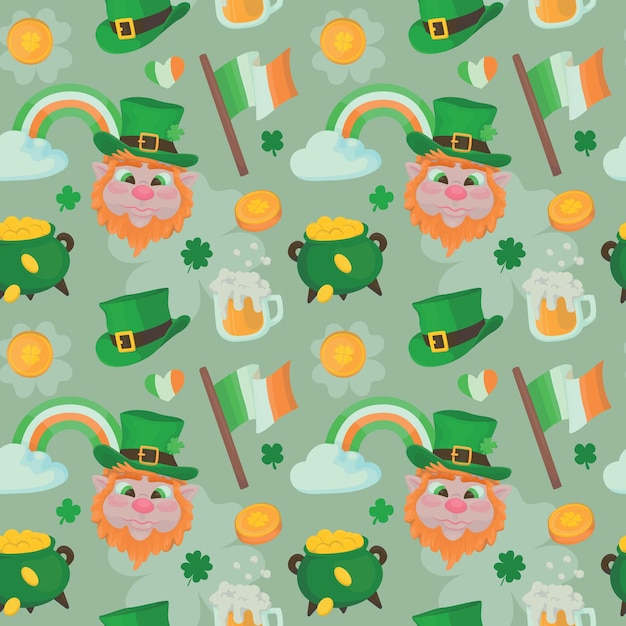 Colorido fondo de patrón repetitivo hecho de ilustraciones temáticas de la celebración del Día de San Patricio