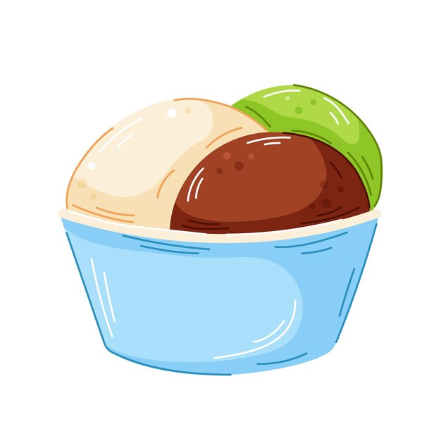 Colorido helado en cuenco azul de con chocolate de vainilla y kiwi cuchara en estilo de dibujos animados perfecto