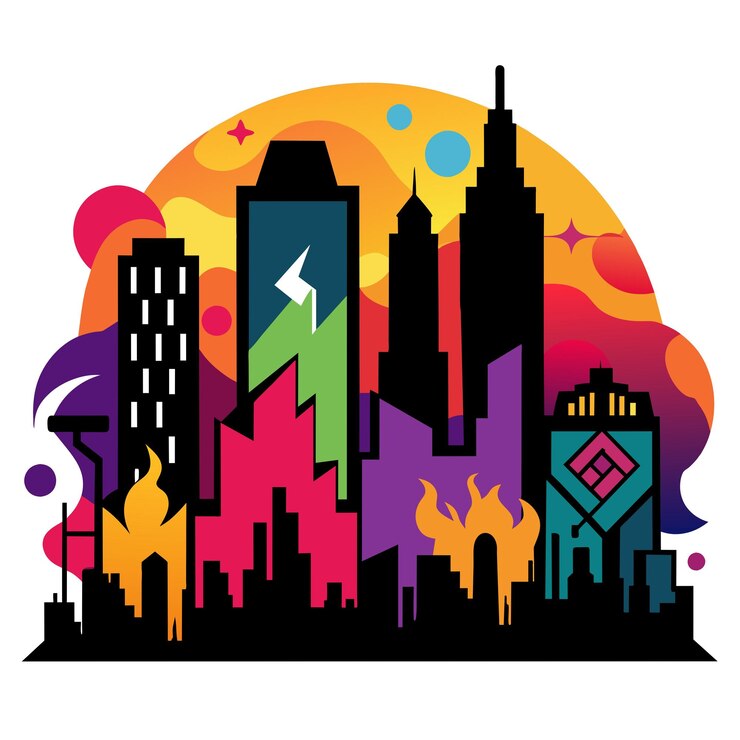 Vector un colorido horizonte de la ciudad con un fondo colorido y un paisaje urbano colorido