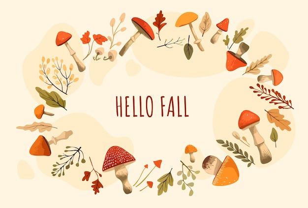 Colorido juego de otoño de setas y hojas con texto de saludo de otoño Saludo de otoños de venta de pancartas