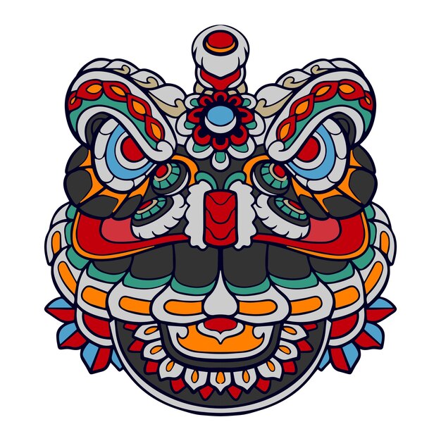 Vector colorido león danza dibujos animados mandala artes aislado sobre fondo blanco.