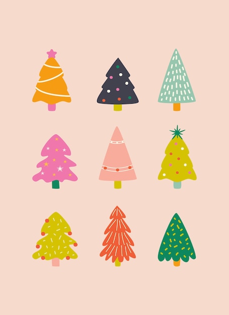 colorido lindo conjunto de árboles de navidad ilustración vectorial