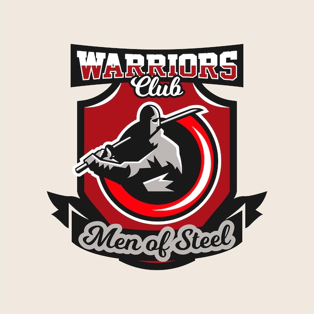 Colorido logo emblema un ninja sosteniendo una katana en la mano ilustración vectorial aislado