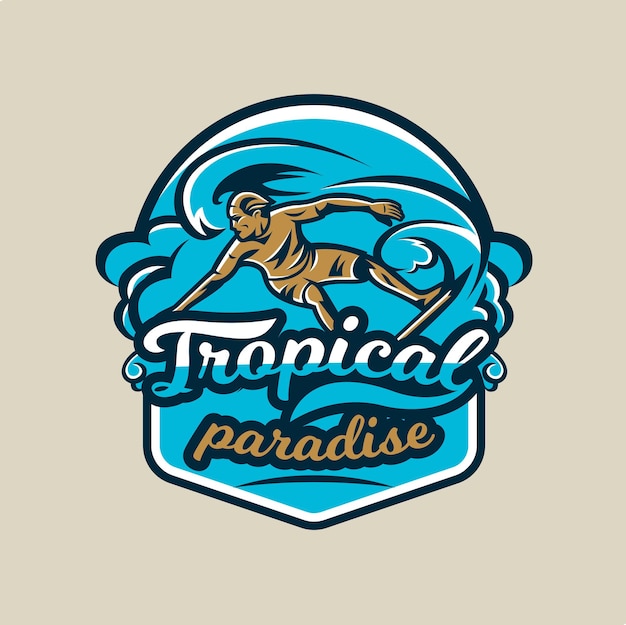 Colorido logo emblema pegatina surfista a la deriva en las olas playa olas palmeras isla tropical deporte extremo escudo de insignias ilustración vectorial