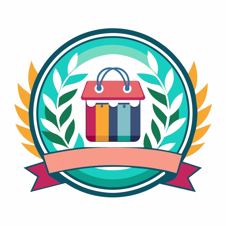 Vector el colorido logotipo de la bolsa de compras con una corona de laurel verde