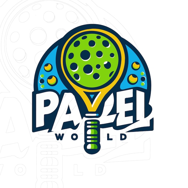 El colorido logotipo de la raqueta y la pelota de padel deportivo