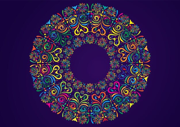 Un colorido Mandala Floral Diseño de marco ornamental Ilustración vectorial en fondo oscuro
