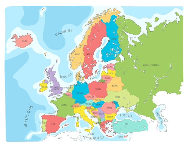Colorido mano dibujado vector mapa de Europa