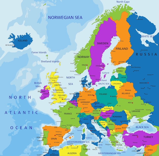 Vector colorido mapa político de europa con capas separadas claramente etiquetadas ilustración vectorial