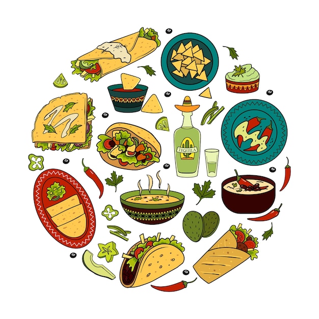 Colorido marco decorativo con comida latina Conjunto de cocina mexicana