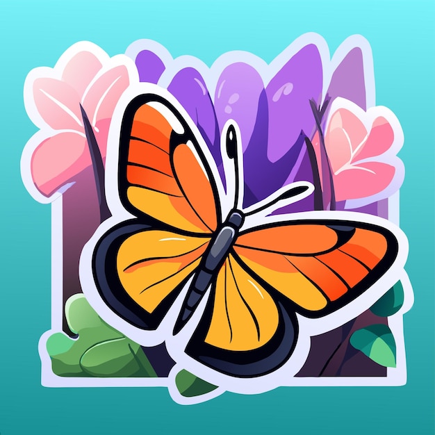 Vector colorido marco de flores mariposa dibujado a mano plano elegante pegatina de dibujos animados concepto de icono aislado
