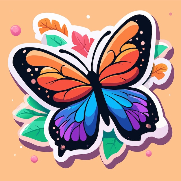 Vector colorido marco de flores mariposa dibujado a mano plano elegante pegatina de dibujos animados concepto de icono aislado