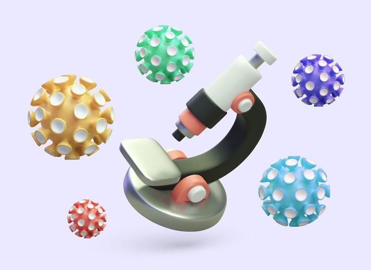 Vector colorido microscopio 3d y bacterias coloreadas equipo médico especial para laboratorio