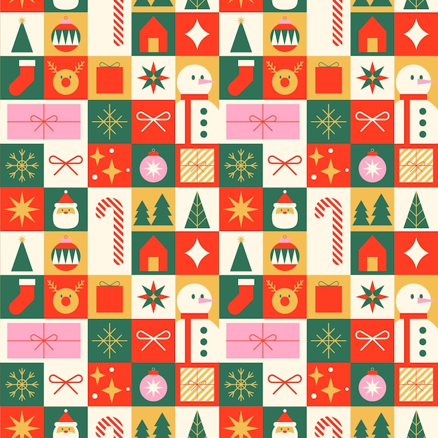 Colorido minimalismo sin costuras patrón de Navidad con Santa Claus estrella árboles de Navidad caja de regalo
