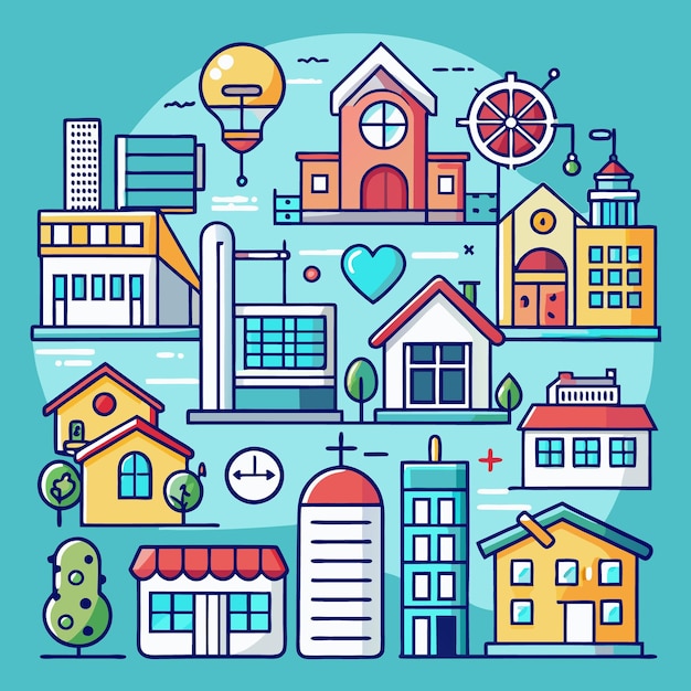 Colorido paisaje de la ciudad de dibujos animados con casas edificios y globo de aire caliente