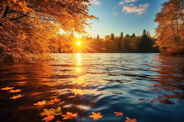 Colorido paisaje de otoño Ramas de abedul en la orilla del lago en los rayos del sol poniente