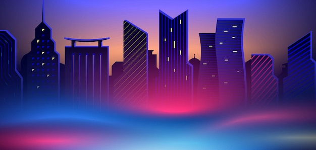 Colorido paisaje urbano de la ciudad de noche con luces de neón Rascacielos futuristas ilustración vectorial