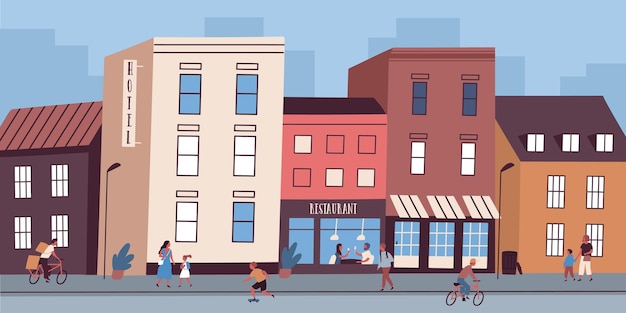 Colorido paisaje urbano con edificios de restaurantes y hoteles. Gente caminando por la calle de la ciudad. Zona urbana céntrica con arquitectura comercial y residencial. Ilustración de vector de estilo de dibujos animados plana.