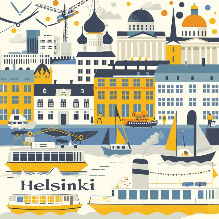 Vector un colorido paisaje urbano de helsinki con barcos y edificios