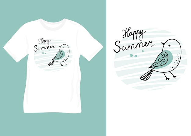 Colorido pajarito dibujado a mano Diseño tipográfico de un pájaro feliz verano listo para imprimir en tu tshi