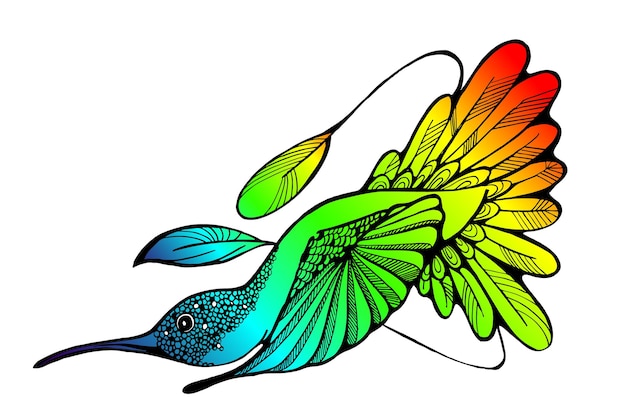 Colorido pájaro colibrí arco iris en estilo doodle Imagen de tinta negra sobre fondo blanco Concepto Lgbtq