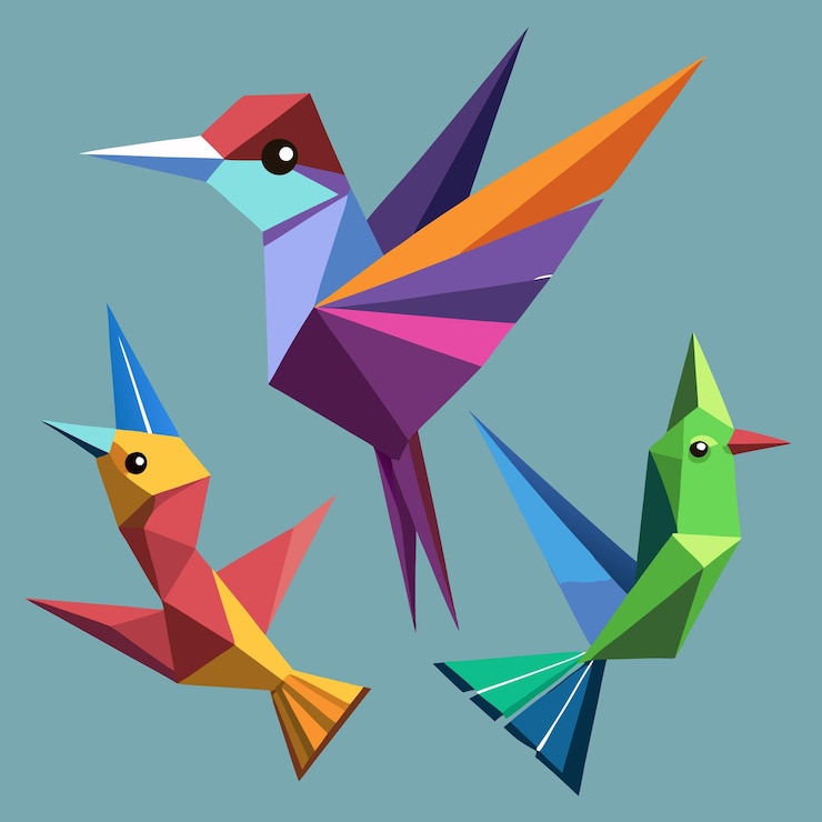 Vector el colorido pájaro de papel origami dibujado a mano en 3d