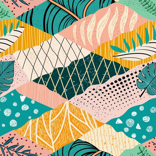 Un colorido patrón abstracto con hojas tropicales y formas geométricas sobre un fondo vibrante