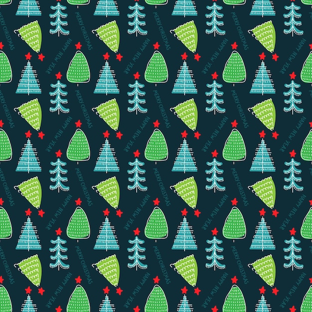Colorido patrón de árbol de Navidad con árboles verdes y azules en fondo oscuro