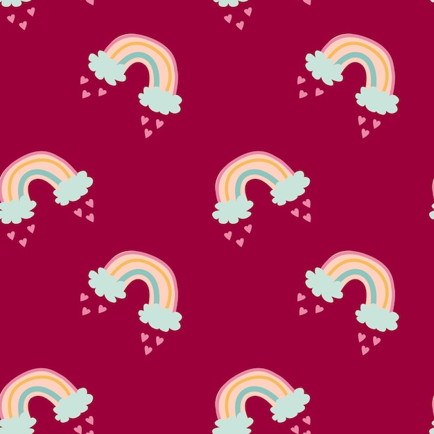 El colorido patrón del arco iris con corazones en un rico fondo borgoña