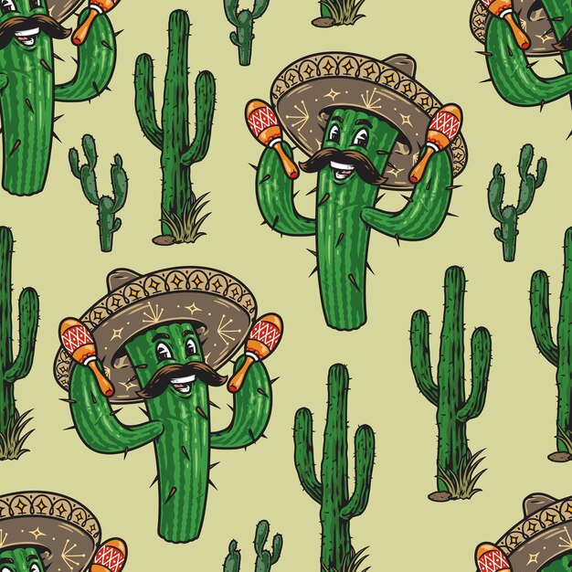 El colorido patrón sin costuras del cactus mexicano