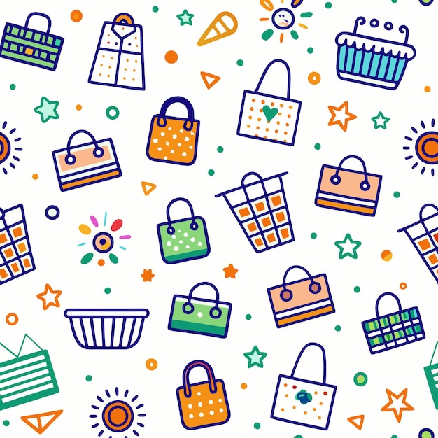 Colorido patrón sin costuras dibujado a mano con bolsas de compras cestas estrellas y soles sobre fondo blanco