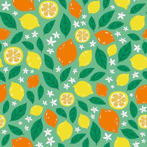 Colorido patrón sin costuras con limones tropicales frutas hojas y flores ilustración vectorial