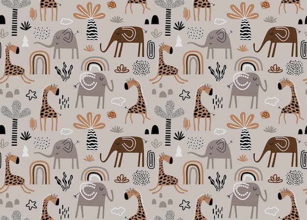 Colorido patrón sin costuras con lindos elefantes y jirafas