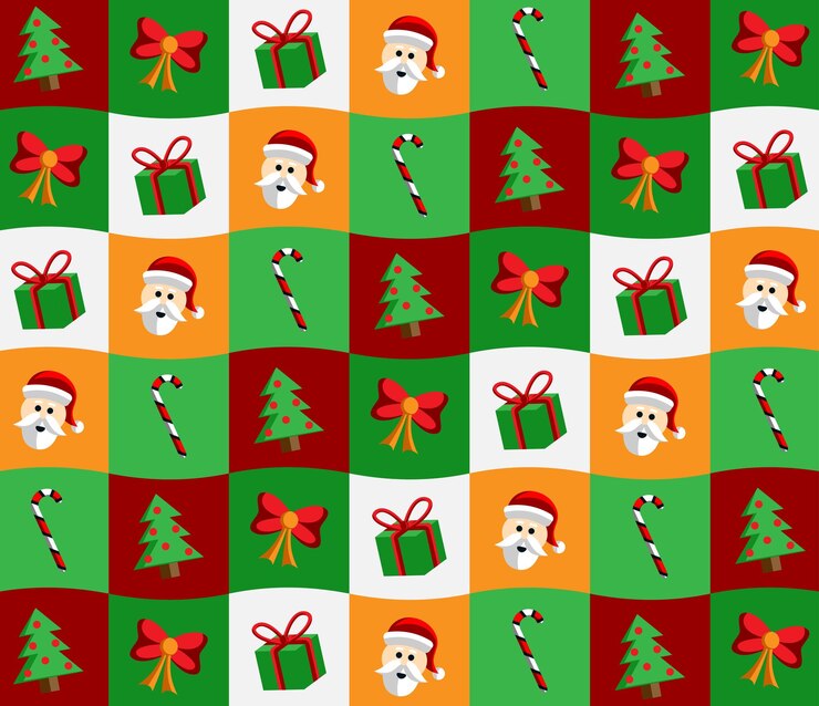 Colorido patrón decorativo navideño con ilustraciones de íconos festivos