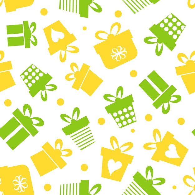 Colorido patrón de embalaje de regalos con cajas verdes y amarillas sobre un fondo blanco para festivos