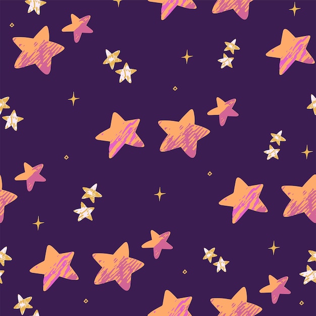 Colorido patrón de espacio dibujado a mano con lindas estrellas de dibujos animados sobre fondo púrpura, patrón sin costuras