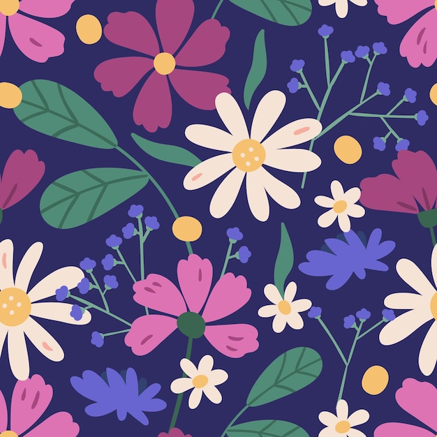 Vector colorido patrón floral sin fisuras. fondo botánico natural sin fin con flores de pradera florecientes para tela o papel pintado. ilustración de flores silvestres vectoriales, estampado textil decorativo en estilo plano.