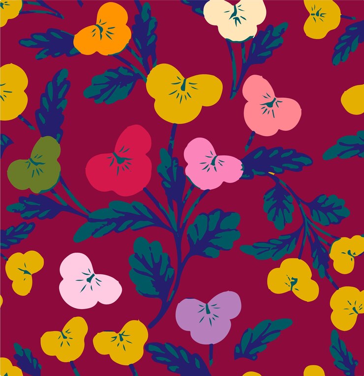 El colorido patrón floral de Pansy sobre un fondo rojo