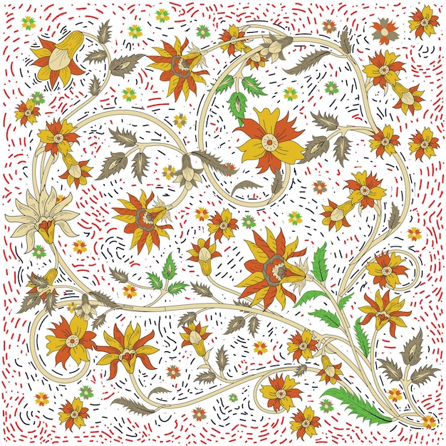 Un colorido patrón floral con vides entrelazadas y varias flores en un fondo punteado