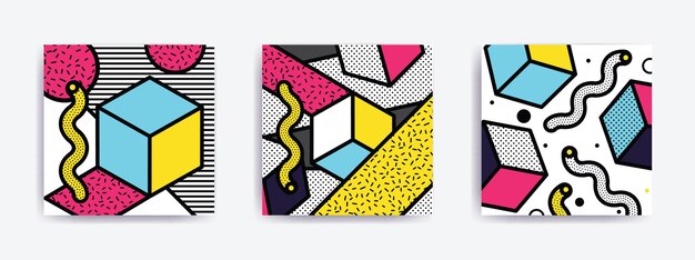 Colorido patrón geométrico de arte pop con bloques brillantes y audaces. Fondo de diseño de materiales coloridos en rosa, amarillo, azul, blanco y negro. Prospecto, cartel, revista, periódico, folleto, libro