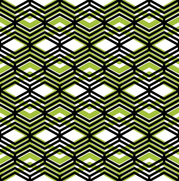 Colorido patrón geométrico sin costuras, fondo vectorial simétrico sin fin con líneas verdes y negras entrelazadas. Cubierta de empalme de concepto abstracto.