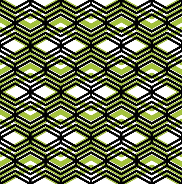 Colorido patrón geométrico sin costuras, fondo vectorial simétrico sin fin con líneas verdes y negras entrelazadas. Cubierta de empalme de concepto abstracto.