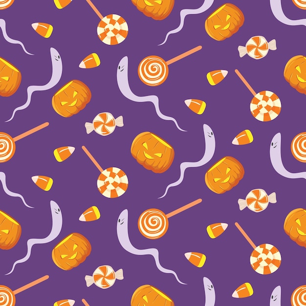 Vector colorido patrón de halloween con paletas de caramelos y fantasmas divertidos