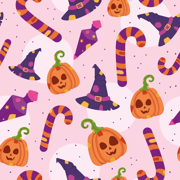 Colorido patrón de Halloween con sombreros de calabazas y caramelos Vector