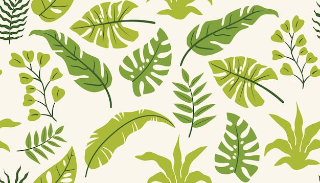 El colorido patrón de hojas tropicales con palma y monstera en un juguetón aspecto plano de dibujos animados