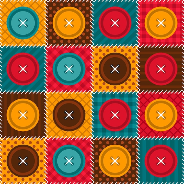 Colorido patrón de patchwork sin costuras con botones. Diseño de edredón a partir de cuadrados cosidos.